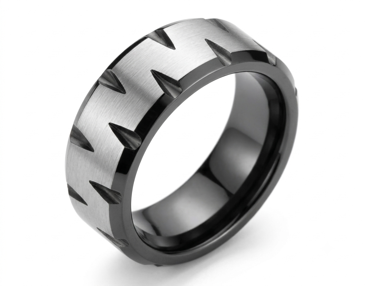 Men's Black & Silver Tungsten Carbide Ring ā Faceted Diagonal Design Wedding Band