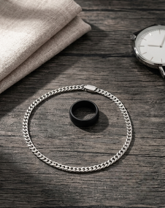 The Vincent | Silver Cuban Chain Bracelet & Matte Black Ring Set – Premium Stainless Steel Men's Jewelry