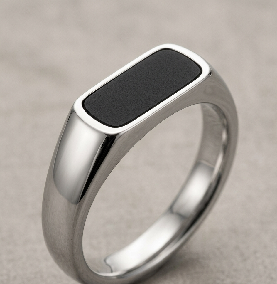 Sterling Silver Men's Signet Ring with Black Onyx Inlay – Minimalist Bold Band