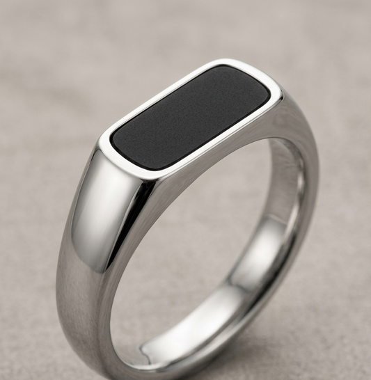 Sterling Silver Men's Signet Ring with Black Onyx Inlay – Minimalist Bold Band