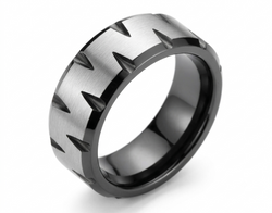Men's Black & Silver Tungsten Carbide Ring – Faceted Diagonal Design Wedding Band