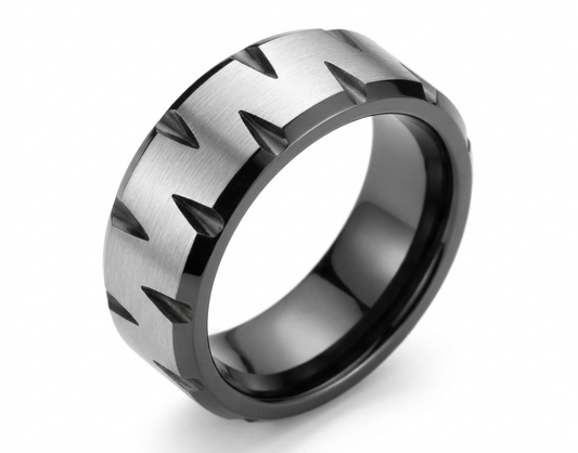 Men's Black & Silver Tungsten Carbide Ring – Faceted Diagonal Design Wedding Band