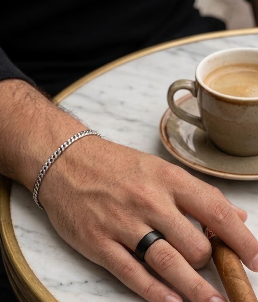 The Vincent | Silver Cuban Chain Bracelet & Matte Black Ring Set – Premium Stainless Steel Men's Jewelry