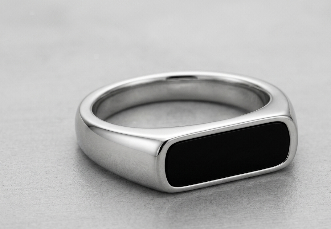 Sterling Silver Men's Signet Ring with Black Onyx Inlay – Minimalist Bold Band