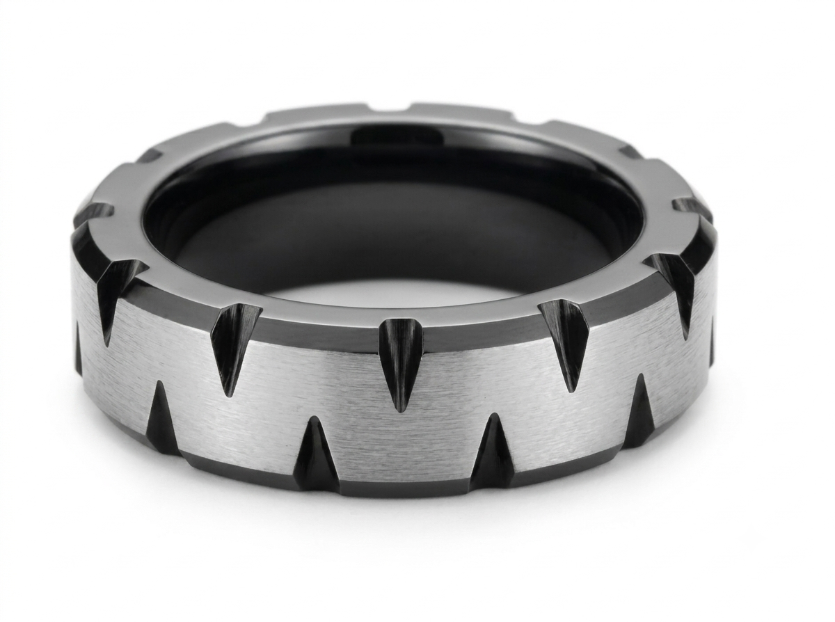 Men's Black & Silver Tungsten Carbide Ring – Faceted Diagonal Design Wedding Band